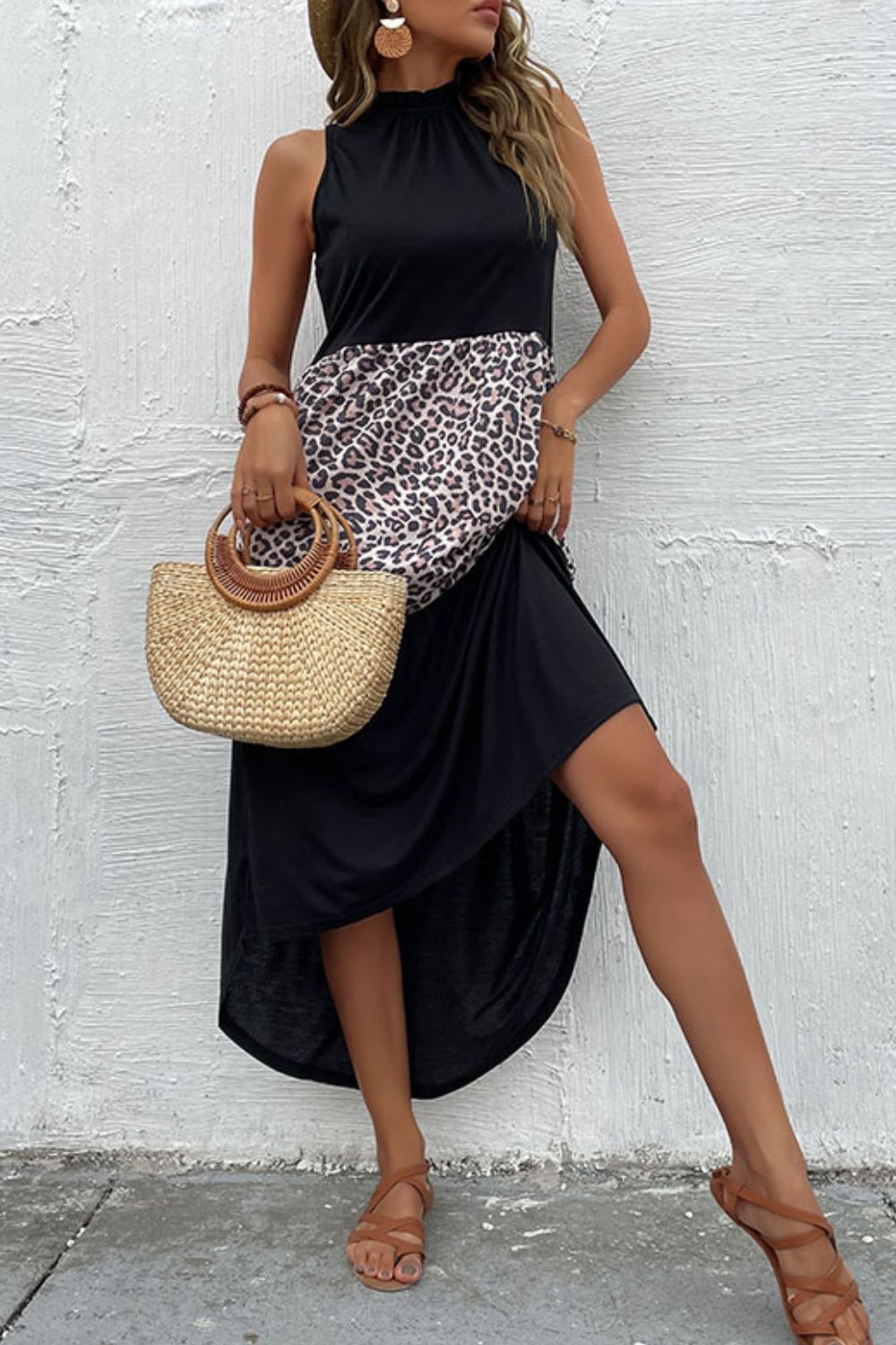 Perfee Leopard Contrast Sleeveless Maxi Dress - ClozArt