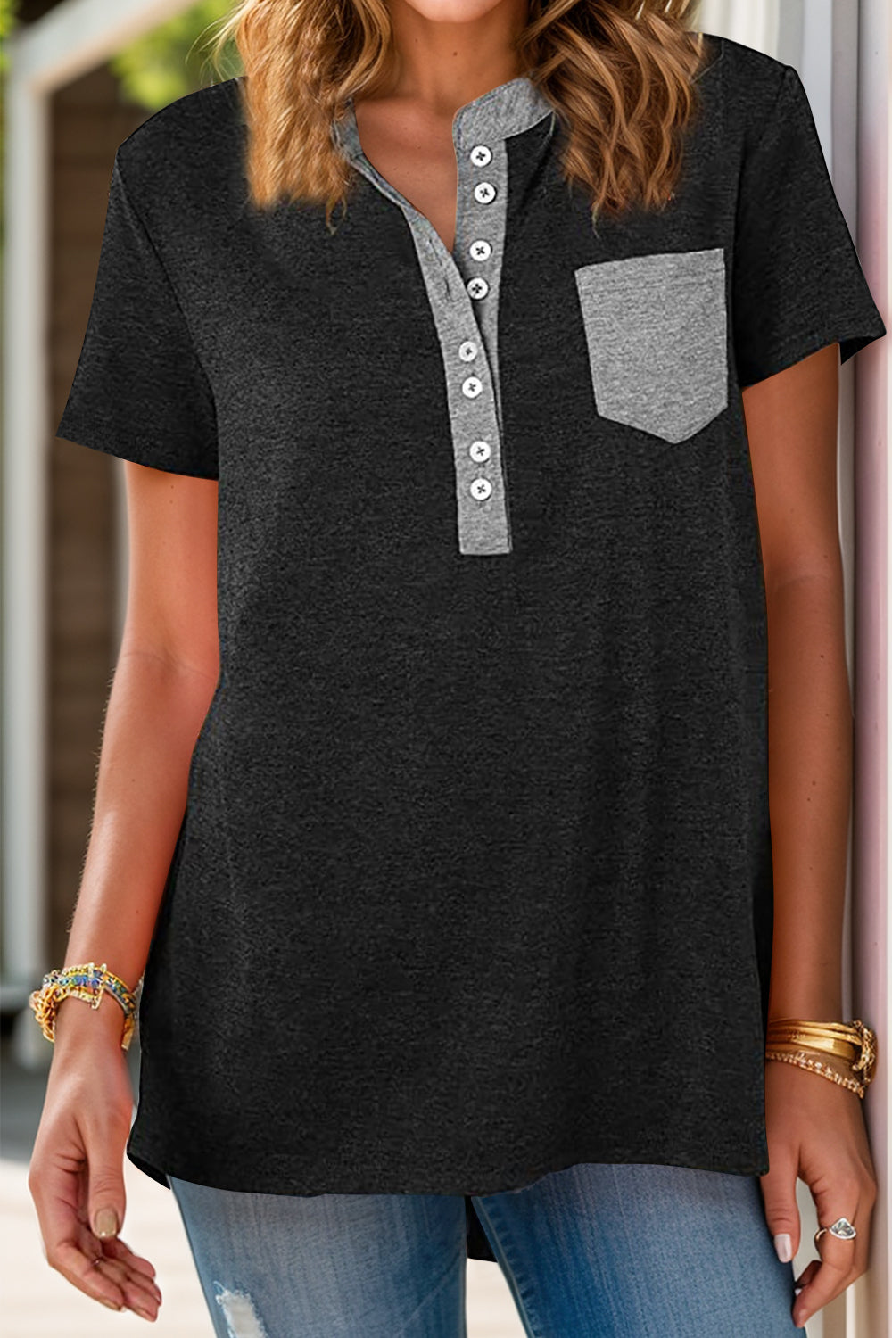 Full Size Half Button Short Sleeve T-Shirt