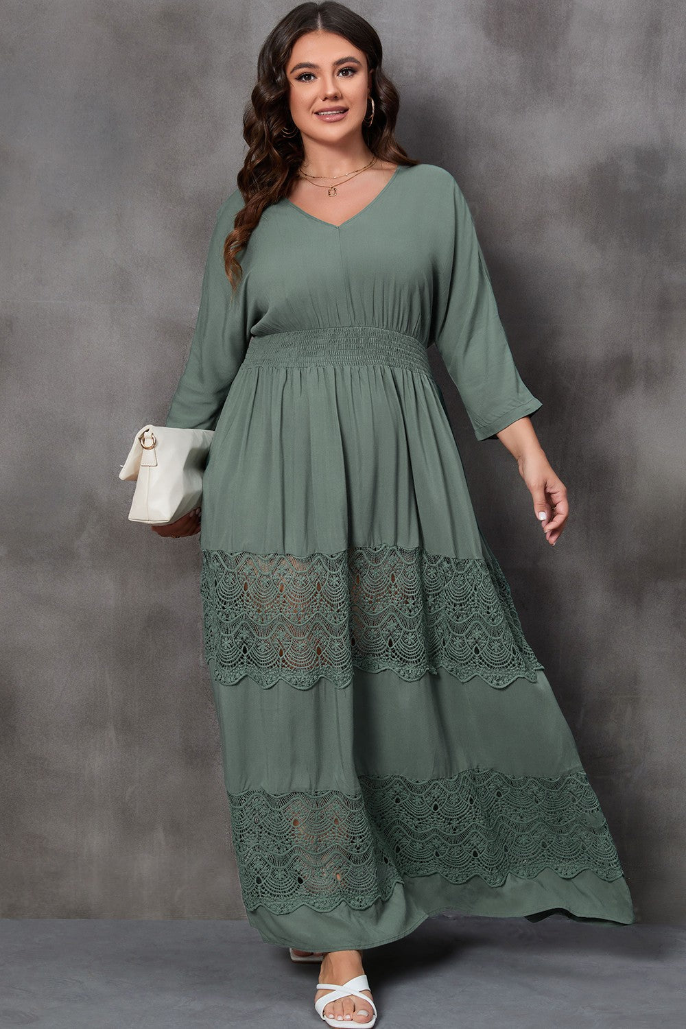 Plus Size Tied V-Neck Smocked Crochet Maxi Dress - ClozArt