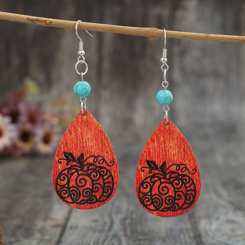 Turquoise Wooden Pumpkin Teardrop Earrings - ClozArt