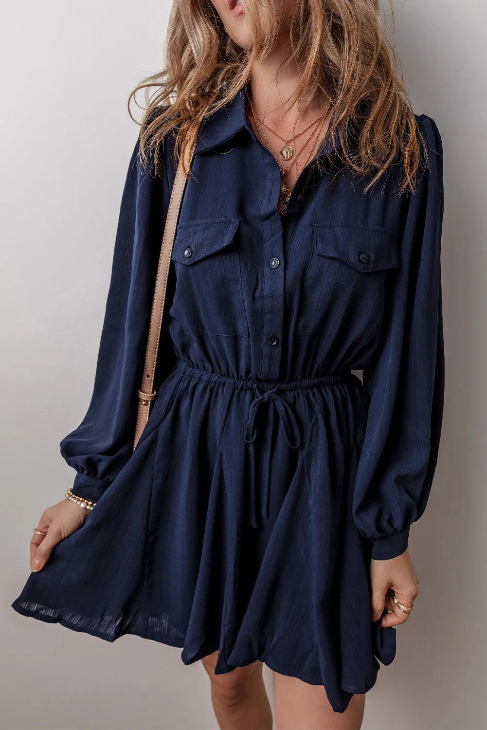 Drawstring Half Button Long Sleeve Dress