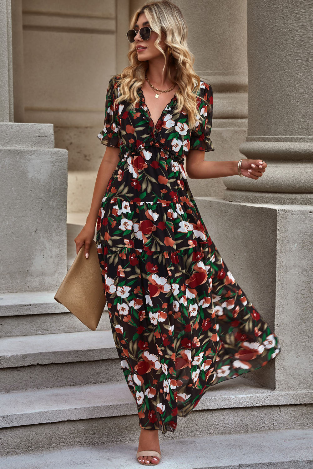 Floral V-Neck Short Flounce Sleeve Dress - ClozArt