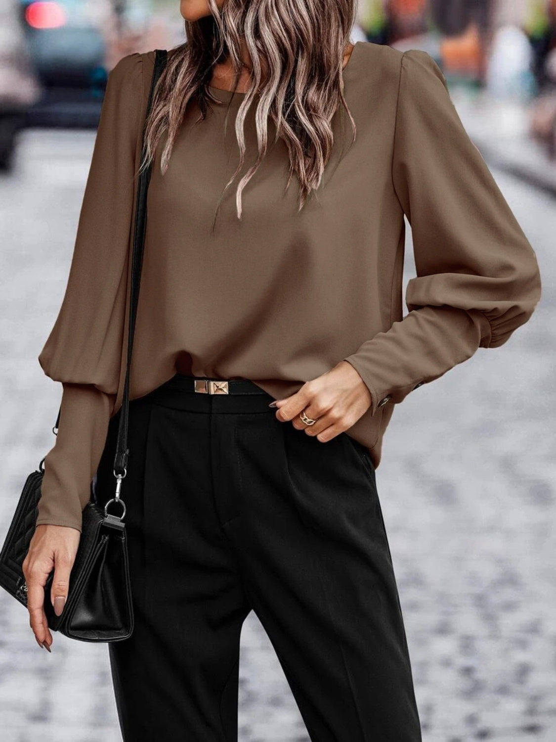 Decorative Button Round Neck Long Sleeve Blouse