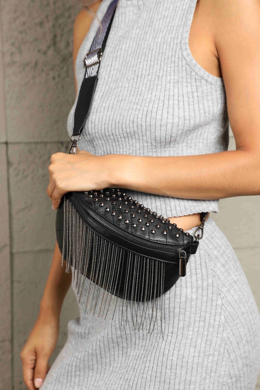 PU Leather Studded Sling Bag with Fringes - ClozArt