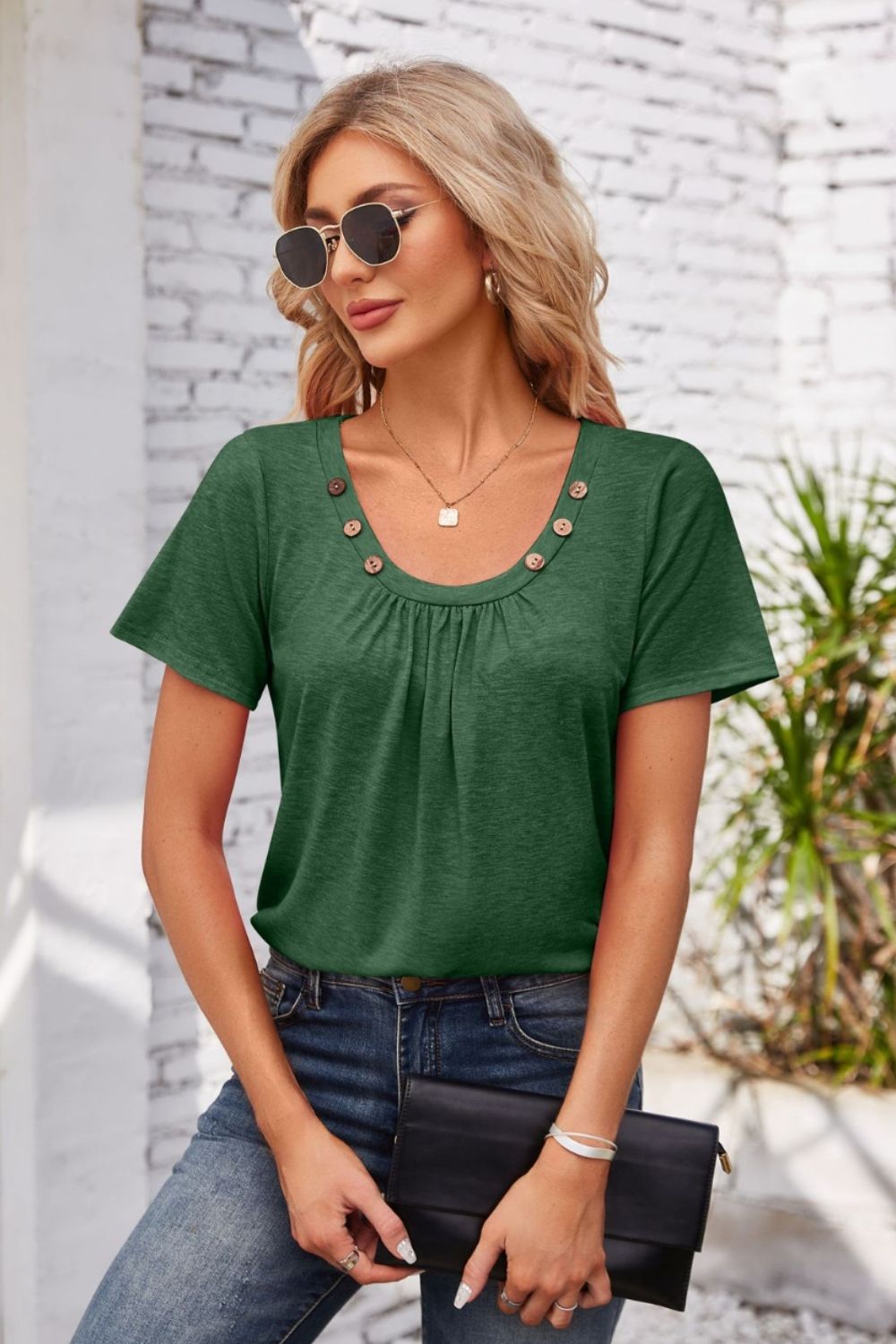 Decorative Button Scoop Neck T-Shirt