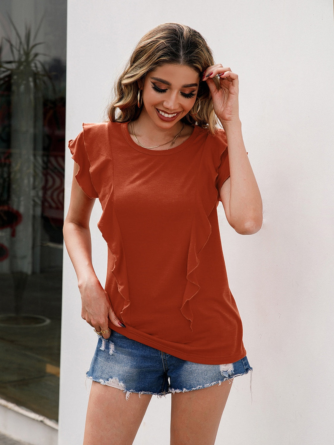 Ivy Lane Ruffled Round Neck Cap Sleeve T-Shirt