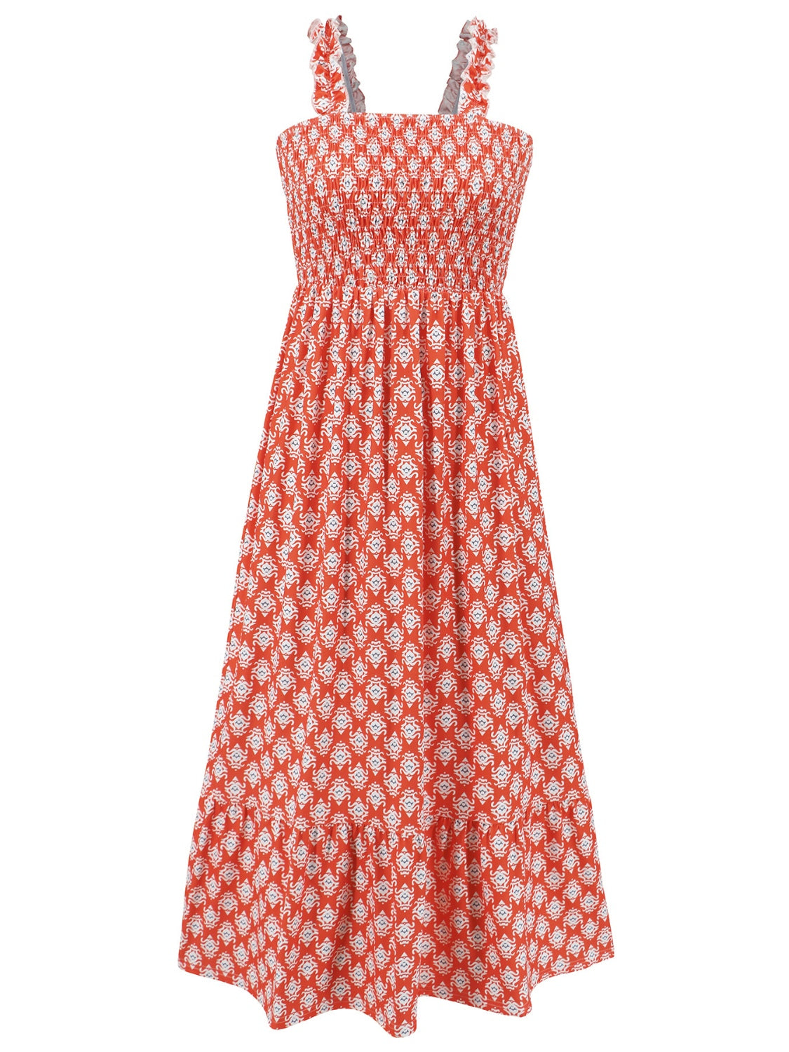 Smocked Printed Square Neck Sleeveless Dress - ClozArt