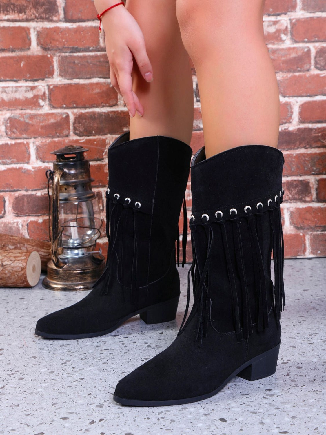 Fringe Suede Point Toe Block Heel Boots - ClozArt