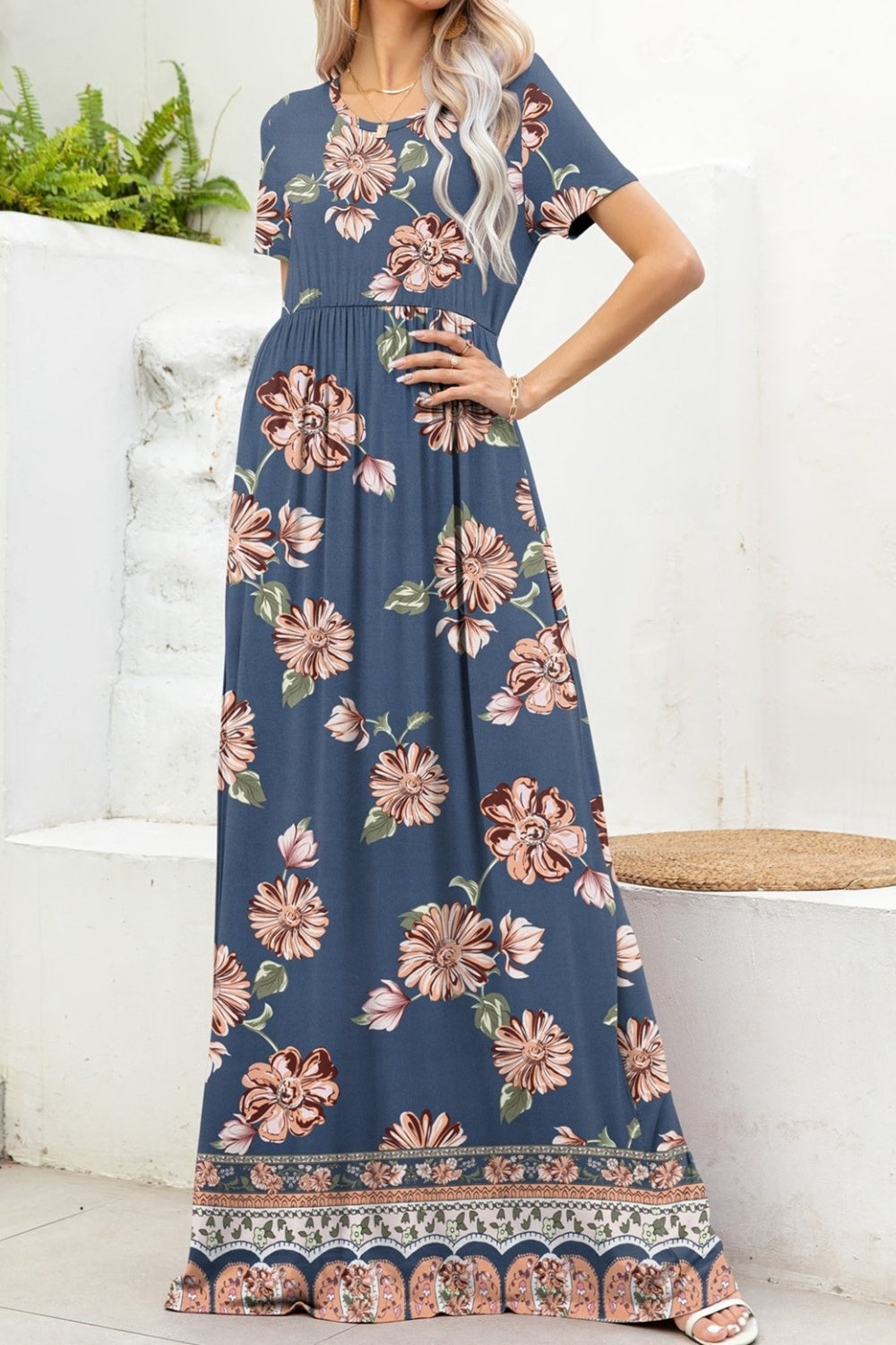 Printed Round Neck Short Sleeve Maxi Dress - ClozArt