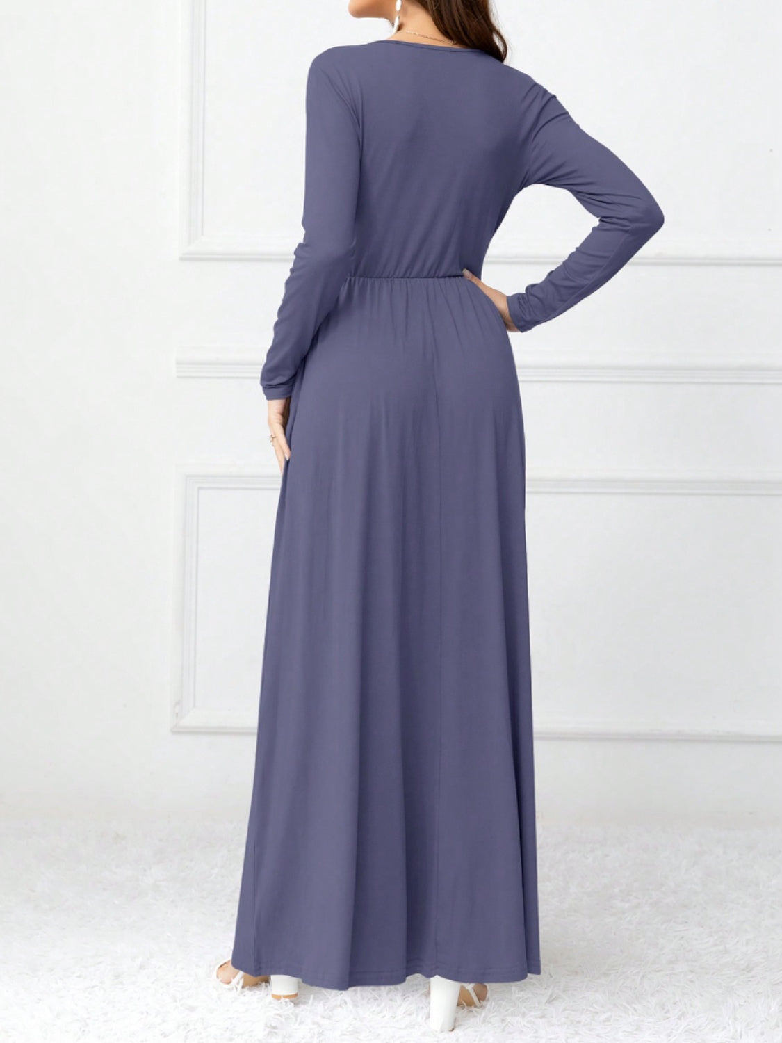 Pocketed Surplice Long Sleeve Maxi Dress - ClozArt