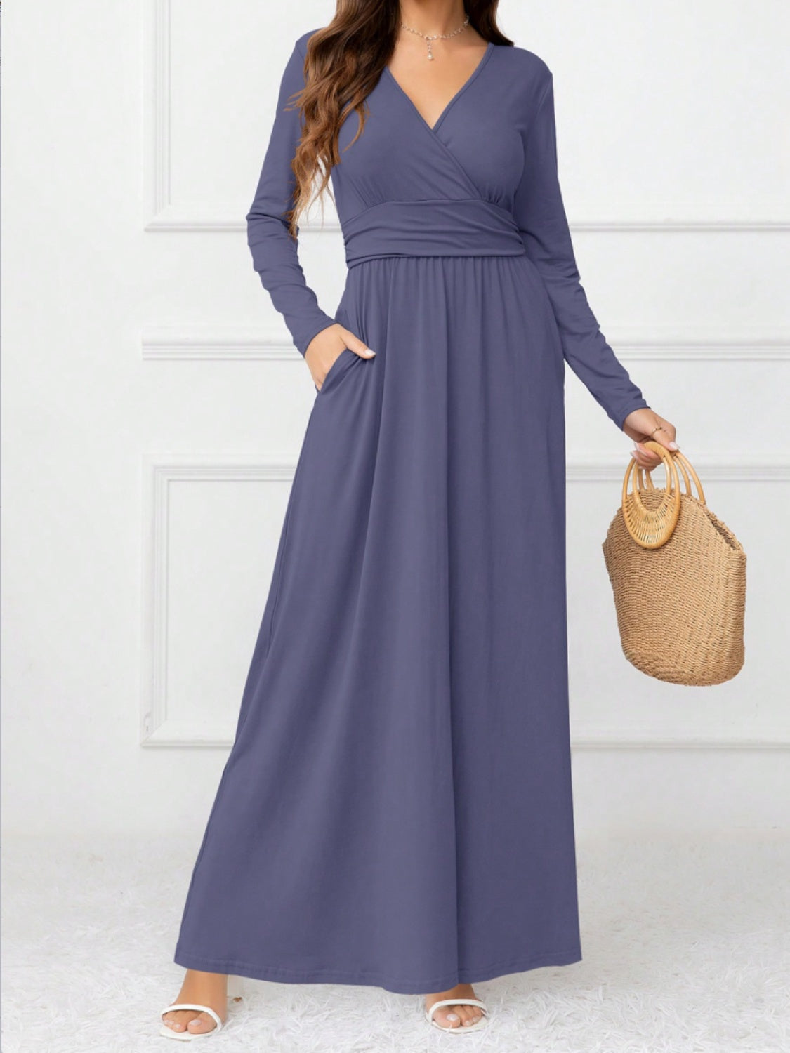 Pocketed Surplice Long Sleeve Maxi Dress - ClozArt