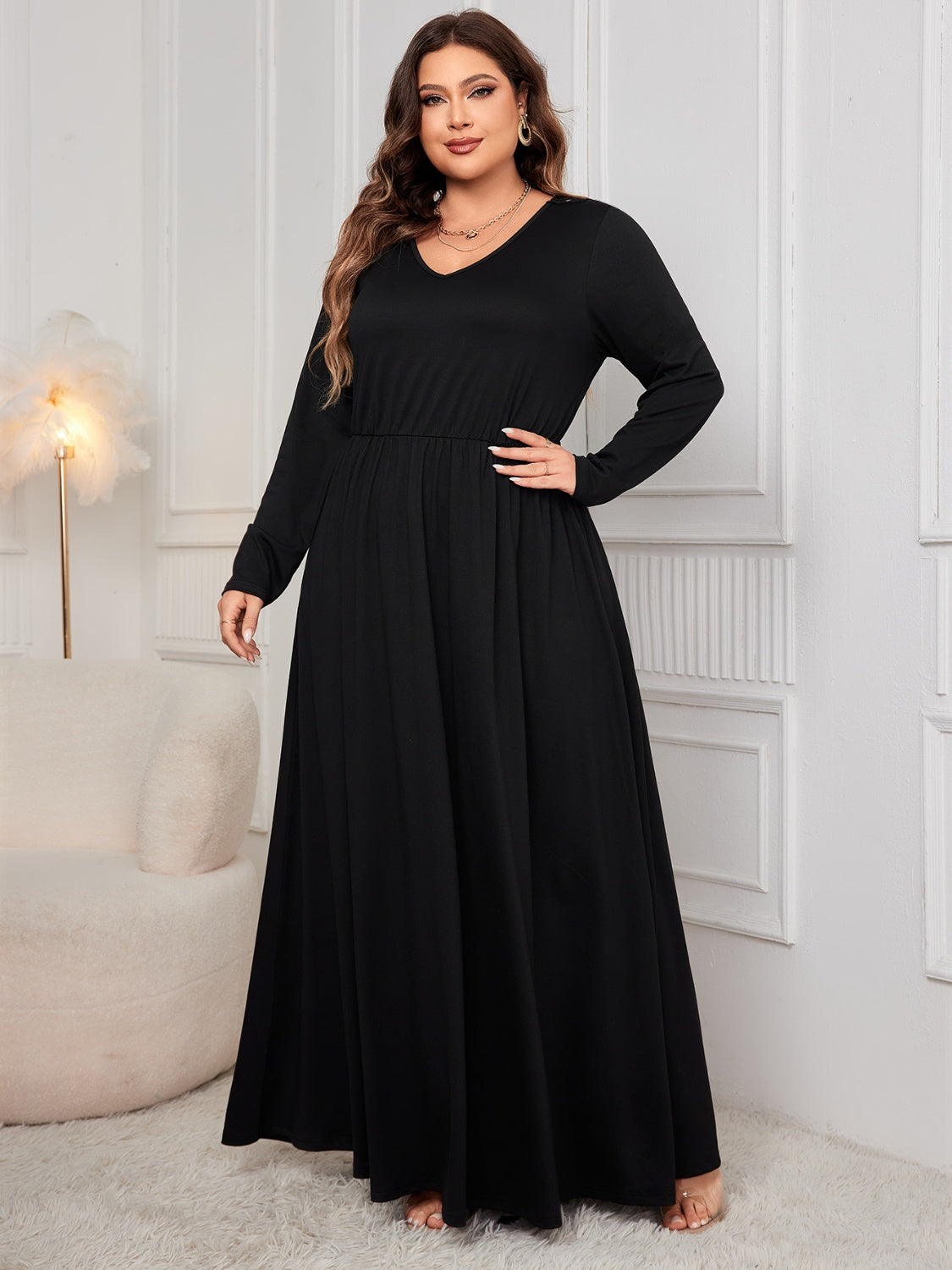 Honey Plus Size Cutout V-Neck Long Sleeve Maxi Dress - ClozArt