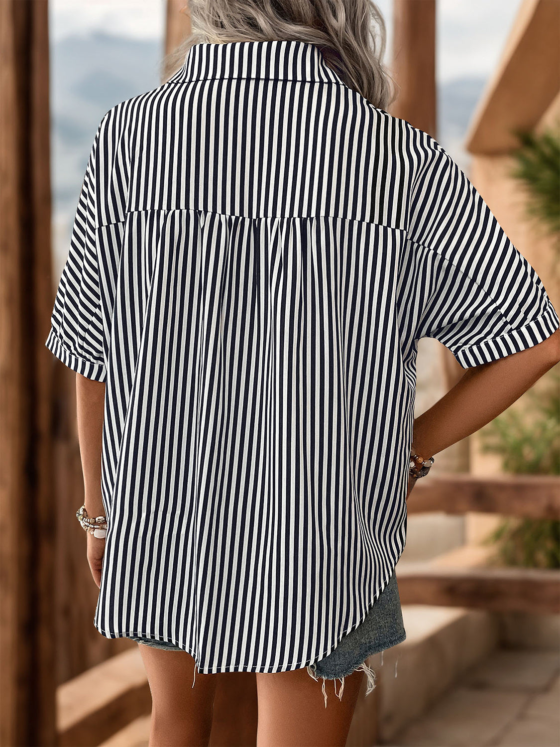 Perfee Striped Collared Neck Half Sleeve Shirt