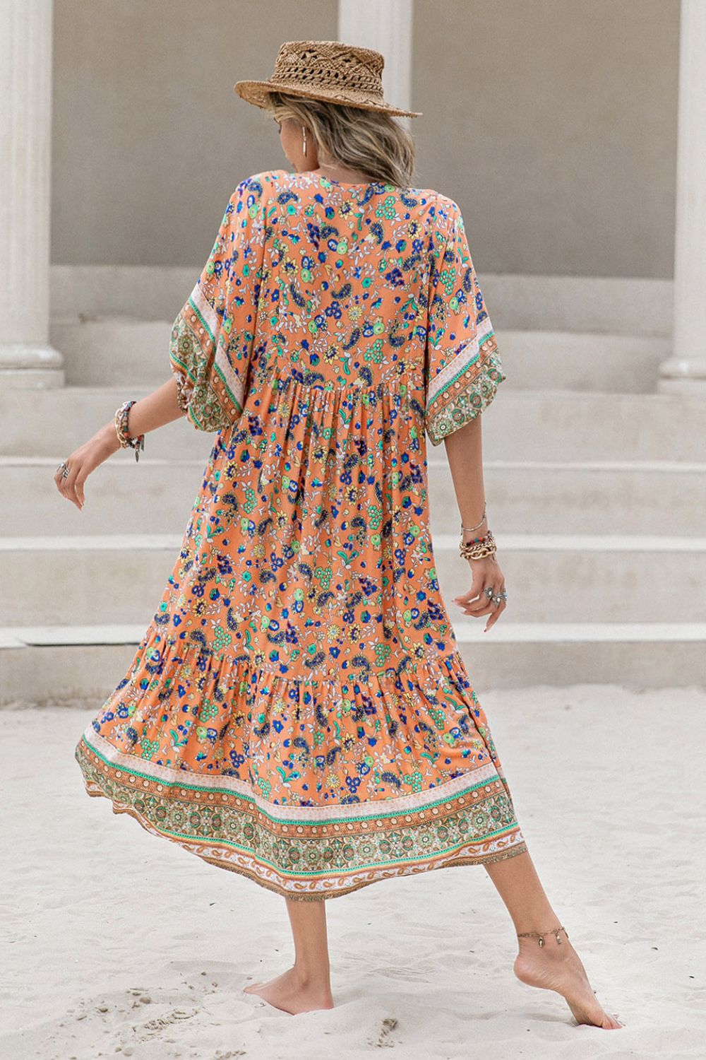 Printed V-Neck Short Sleeve Maxi Dress - ClozArt