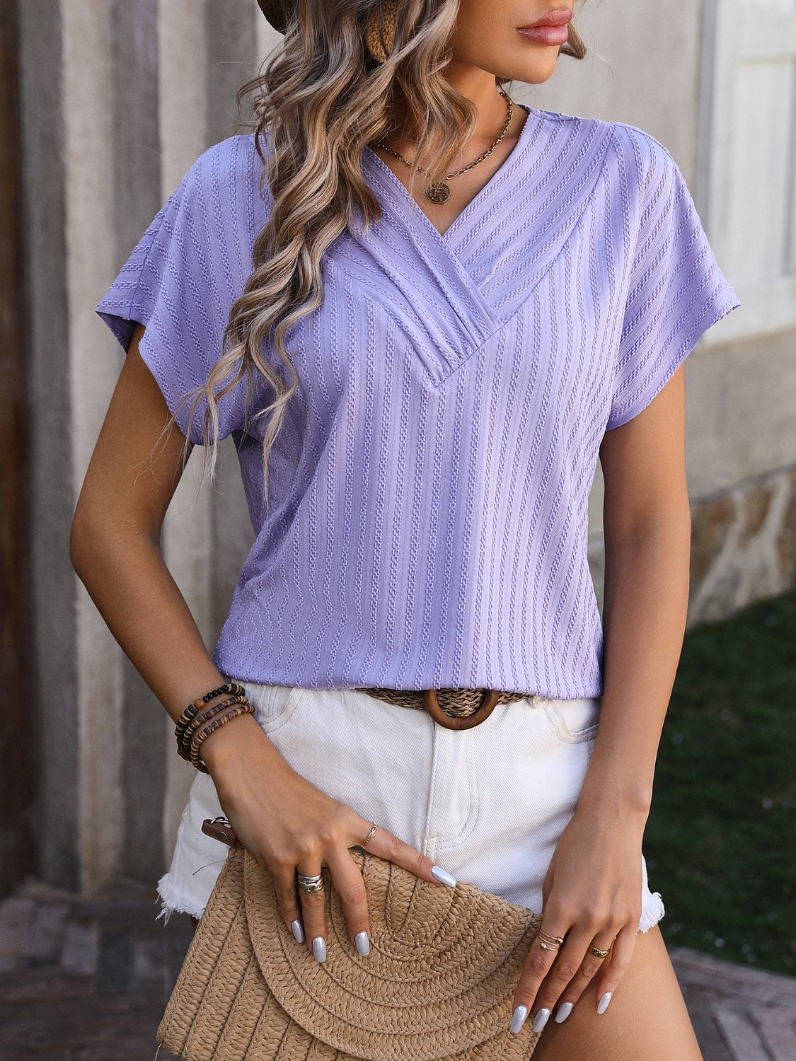 Mandy Textured Surplice Short Sleeve Blouse