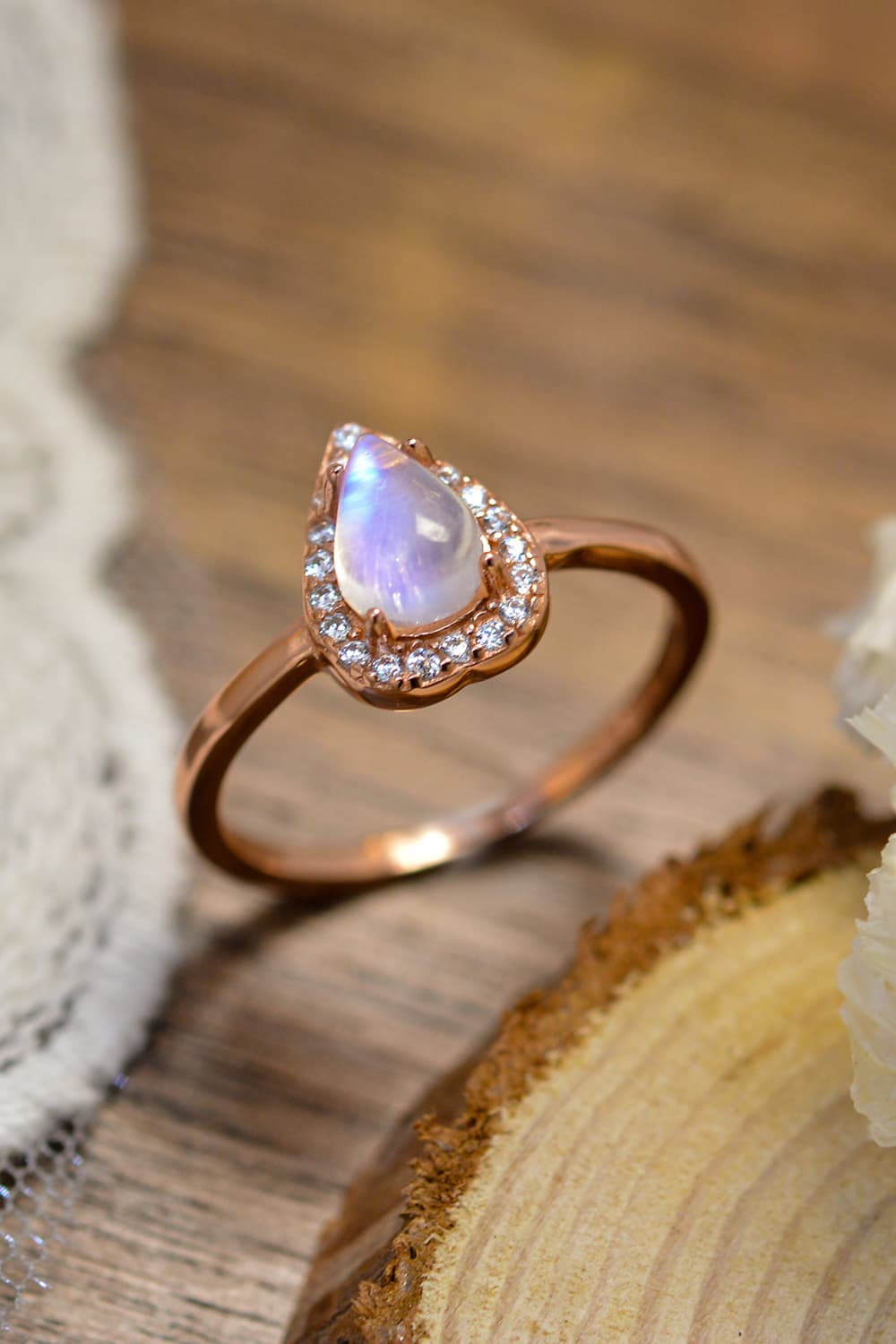 Moonstone Teardrop 925 Sterling Silver Halo Ring - ClozArt