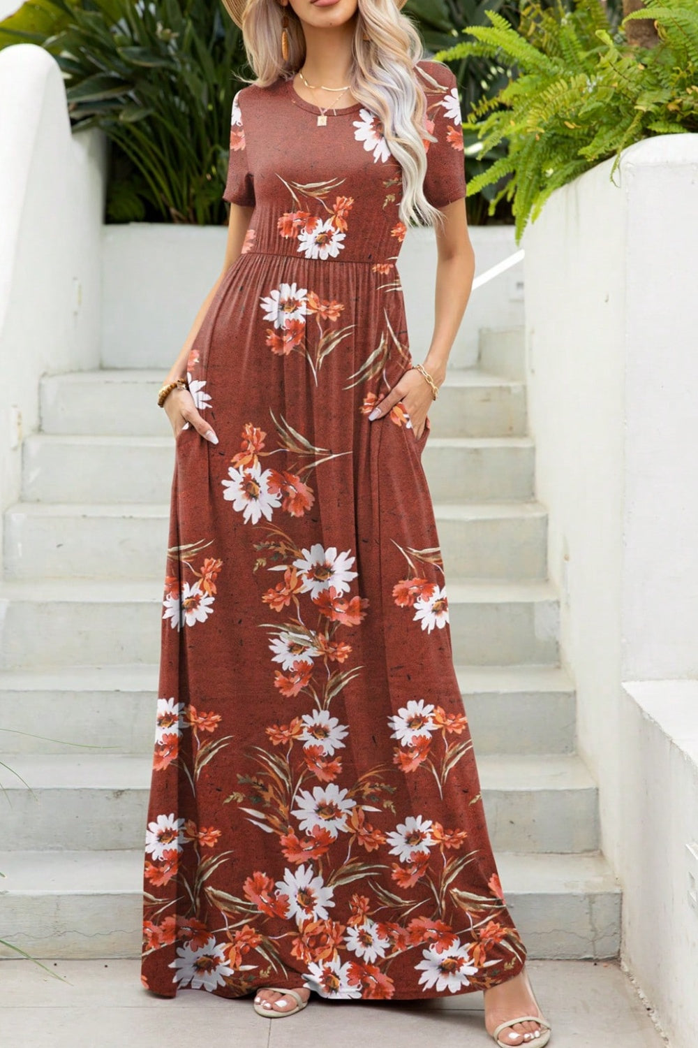 Printed Round Neck Short Sleeve Maxi Dress - ClozArt