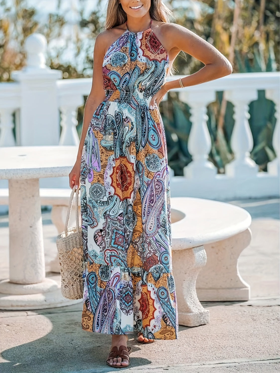 Printed Halter Neck Maxi Dress - ClozArt