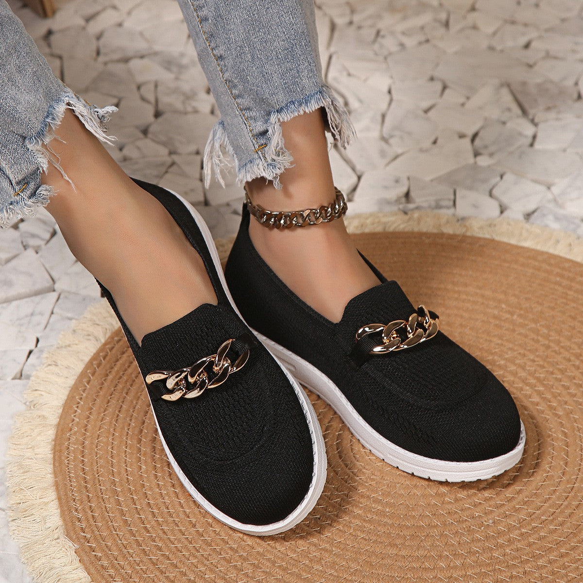 Chain Trim Round Toe Slip-Ons - ClozArt