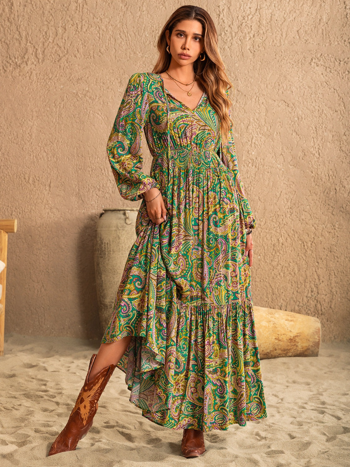 Printed Tie Neck Long Sleeve Dress - ClozArt