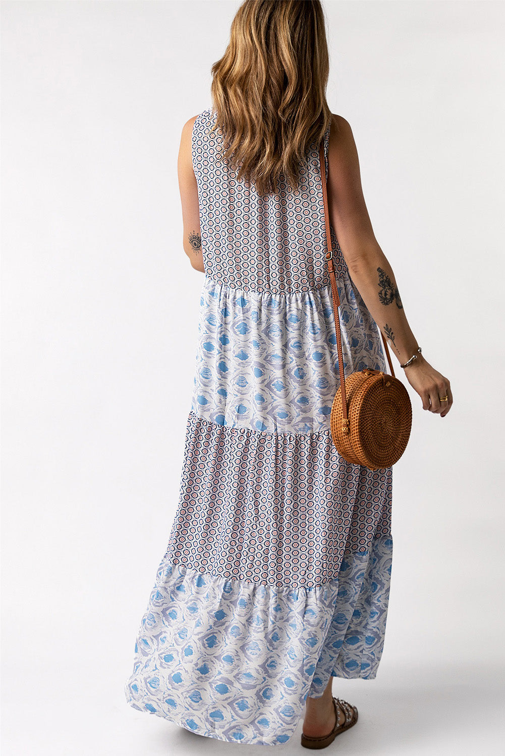 Mixed Print Tie-Neck Sleeveless Maxi Dress - ClozArt