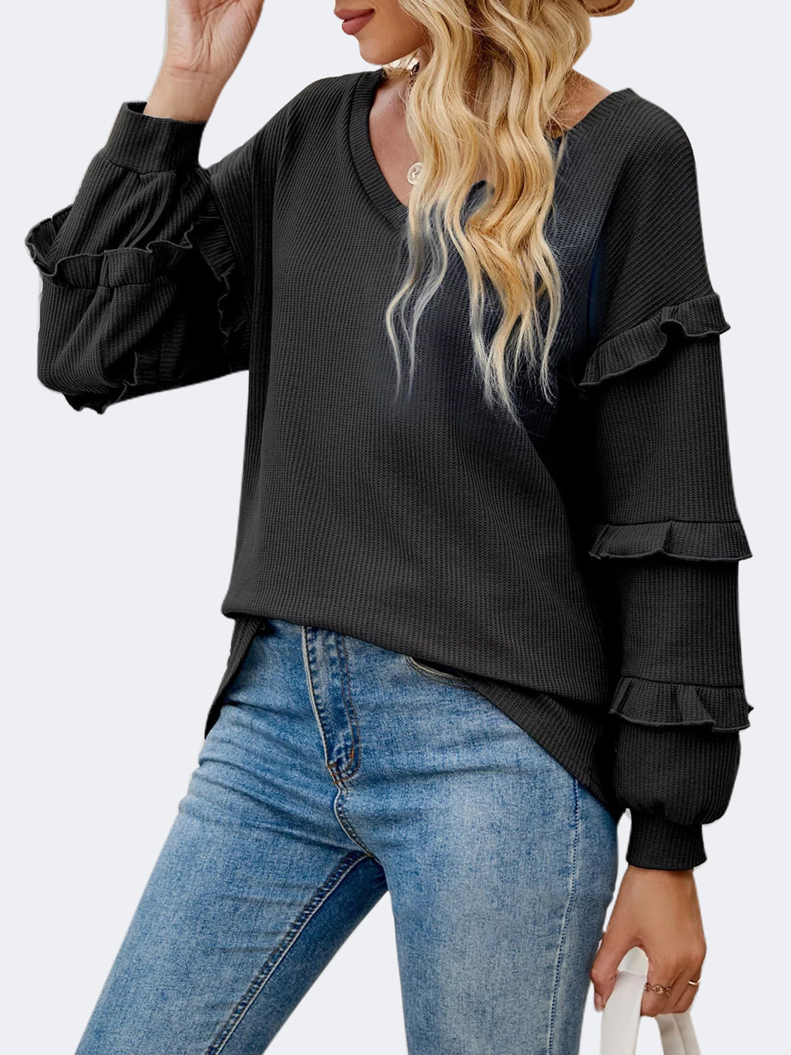 Ruffled V-Neck Long Sleeve T-Shirt