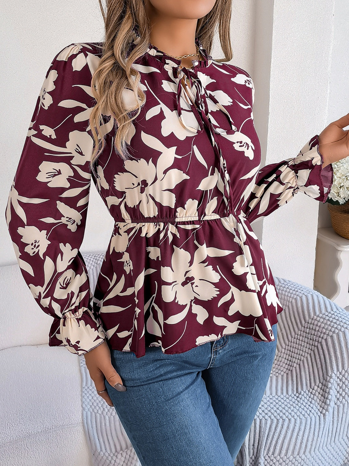 Printed Tie Neck Flounce Sleeve Blouse