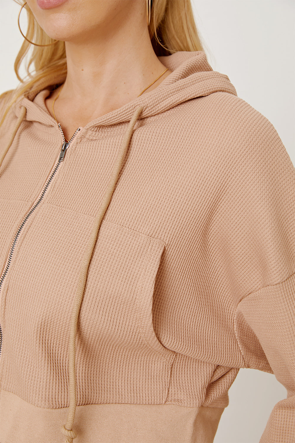 Waffle-Knit Drawstring Zip Up Hoodie