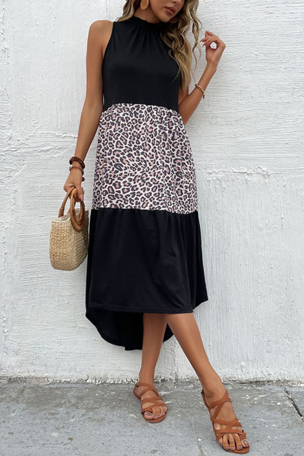 Perfee Leopard Contrast Sleeveless Maxi Dress - ClozArt