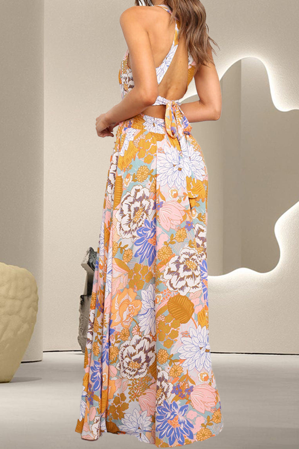 Tied Printed Grecian Sleeveless Maxi Dress - ClozArt