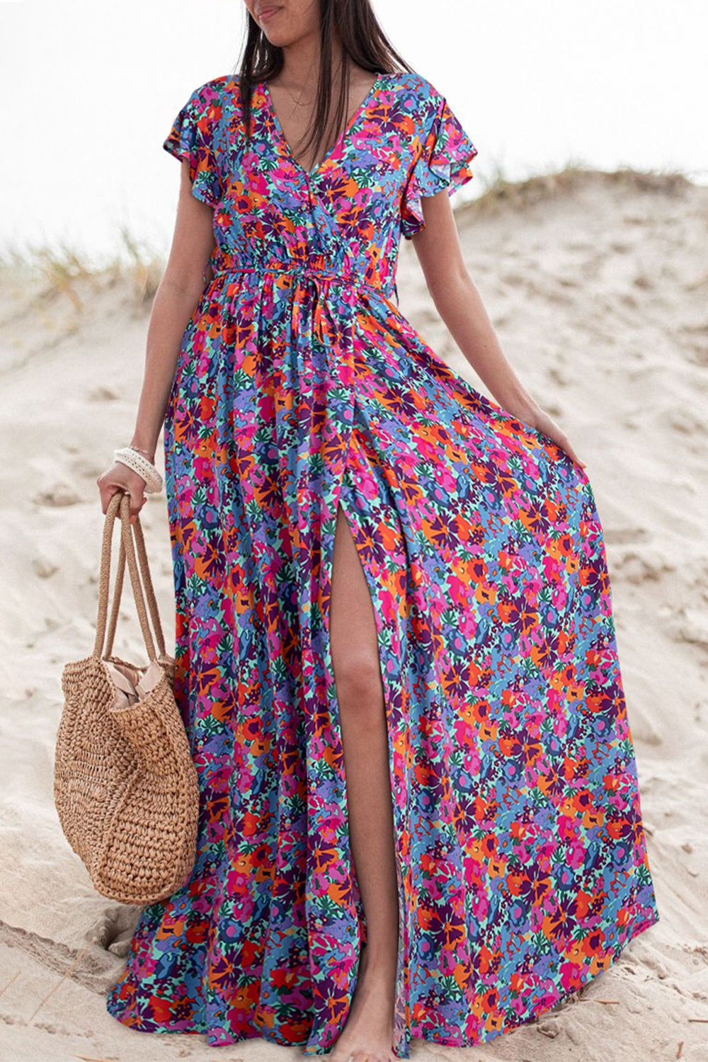 Slit Printed Cap Sleeve Maxi Dress - ClozArt