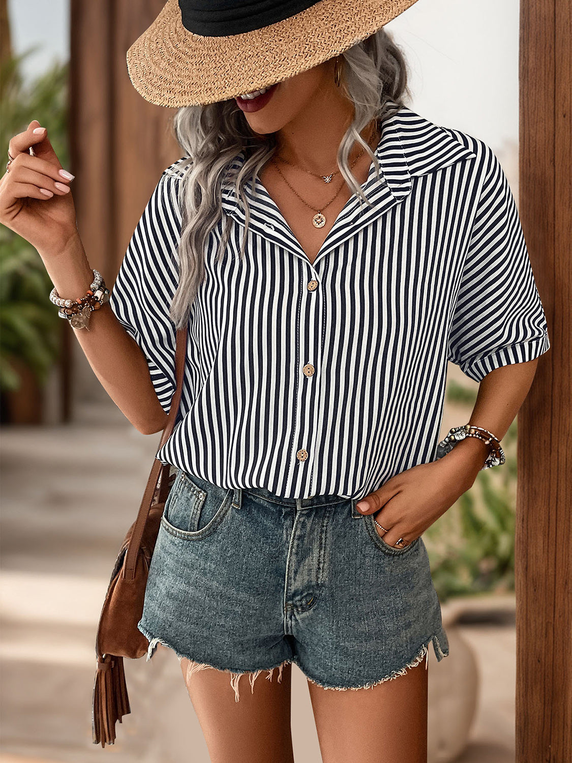 Perfee Striped Collared Neck Half Sleeve Shirt