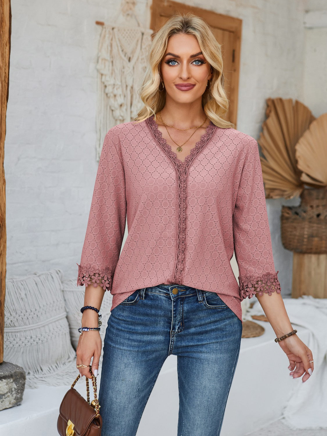 Lace Detail V-Neck Three-Quarter Sleeve Blouse