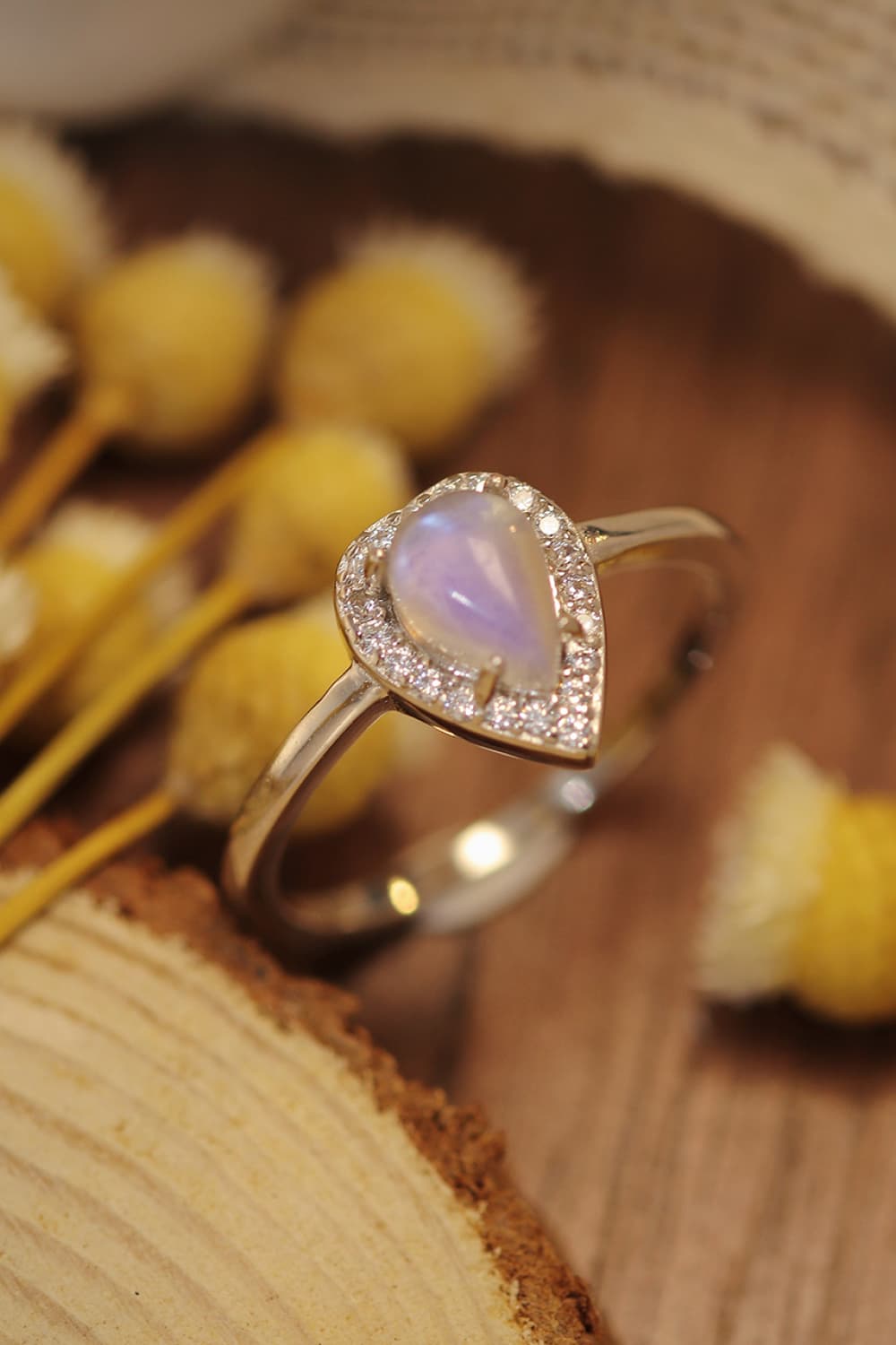 Moonstone Teardrop 925 Sterling Silver Halo Ring - ClozArt