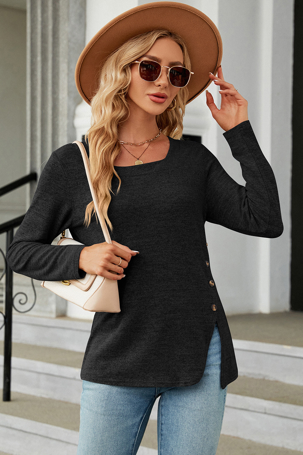 Slit Decorative Button Square Neck T-Shirt