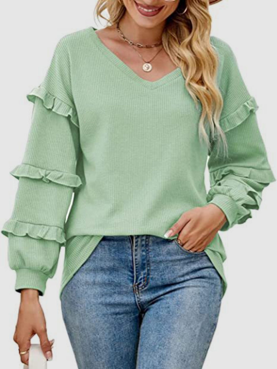 Ruffled V-Neck Long Sleeve T-Shirt