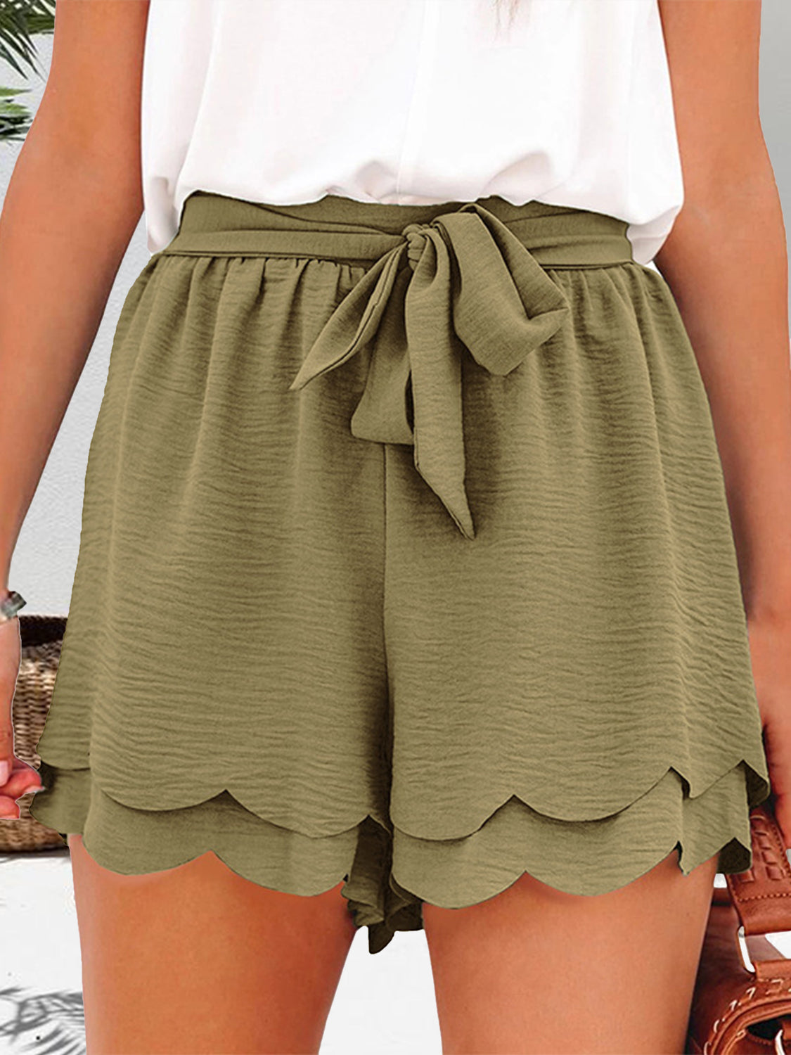 Tied Layered Scalloped Hem Shorts - ClozArt