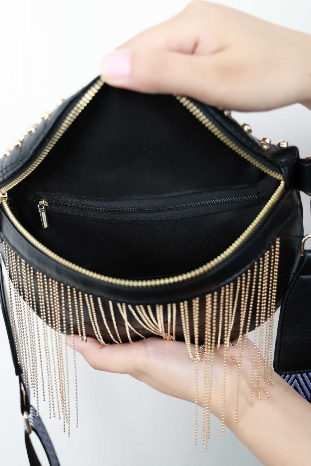 PU Leather Studded Sling Bag with Fringes - ClozArt