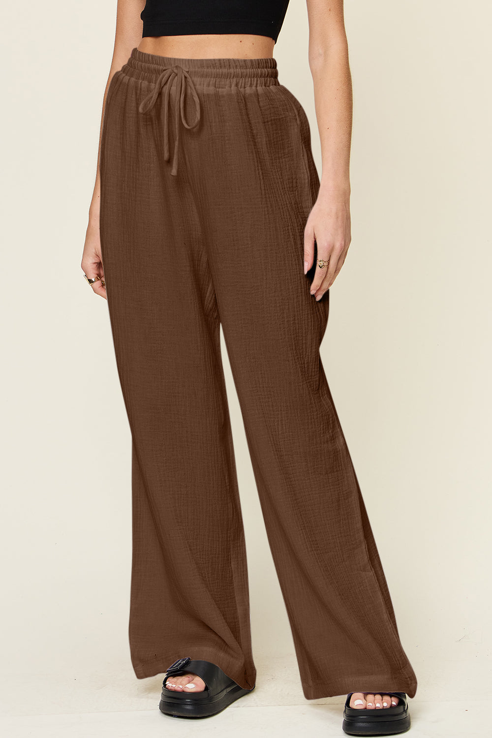 Double Take Full Size Texture Drawstring Wide Leg Pants - ClozArt