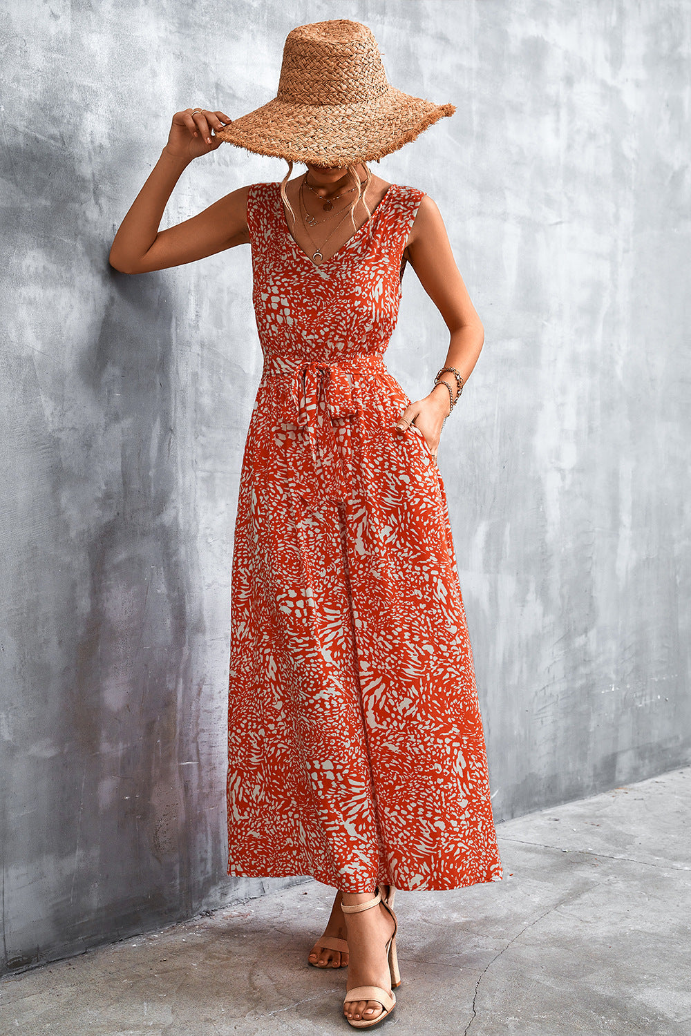 Printed V-Neck Tie Waist Maxi Dress - ClozArt