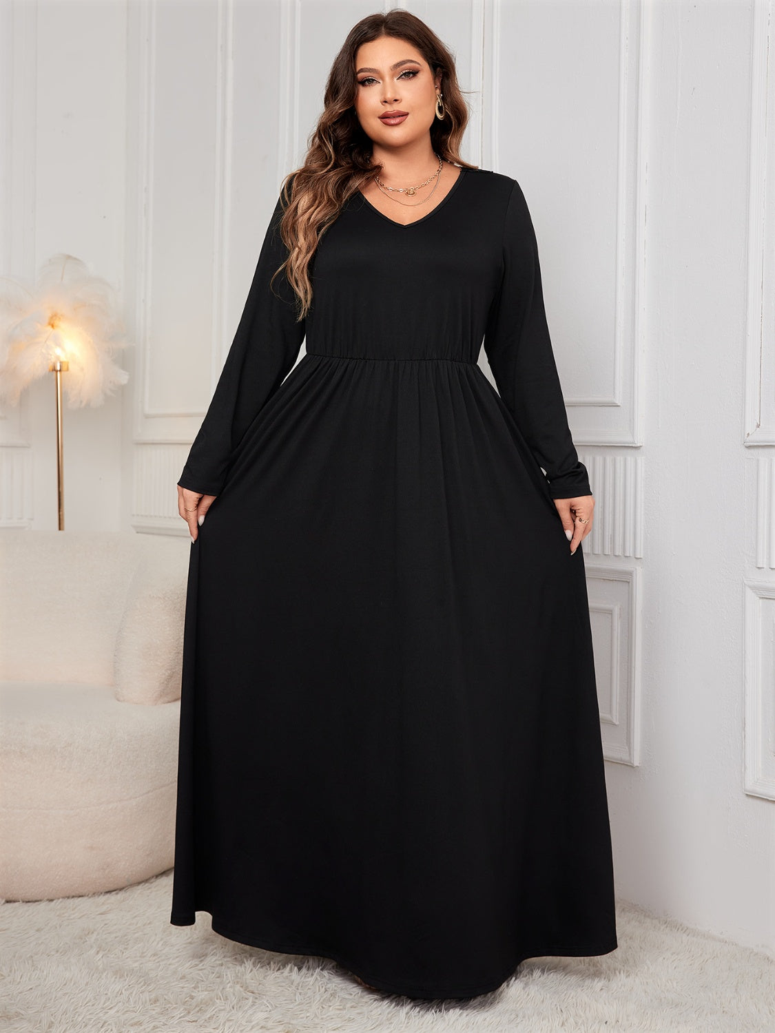 Honey Plus Size Cutout V-Neck Long Sleeve Maxi Dress - ClozArt