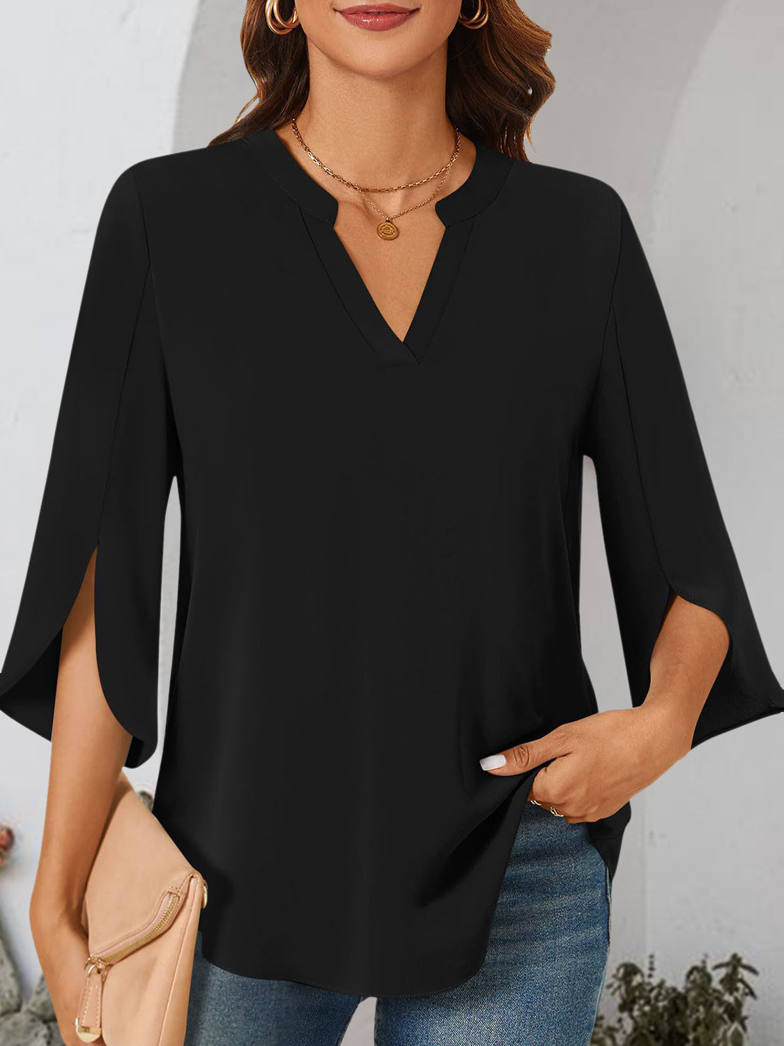 Notched Slit Half Sleeve Blouse