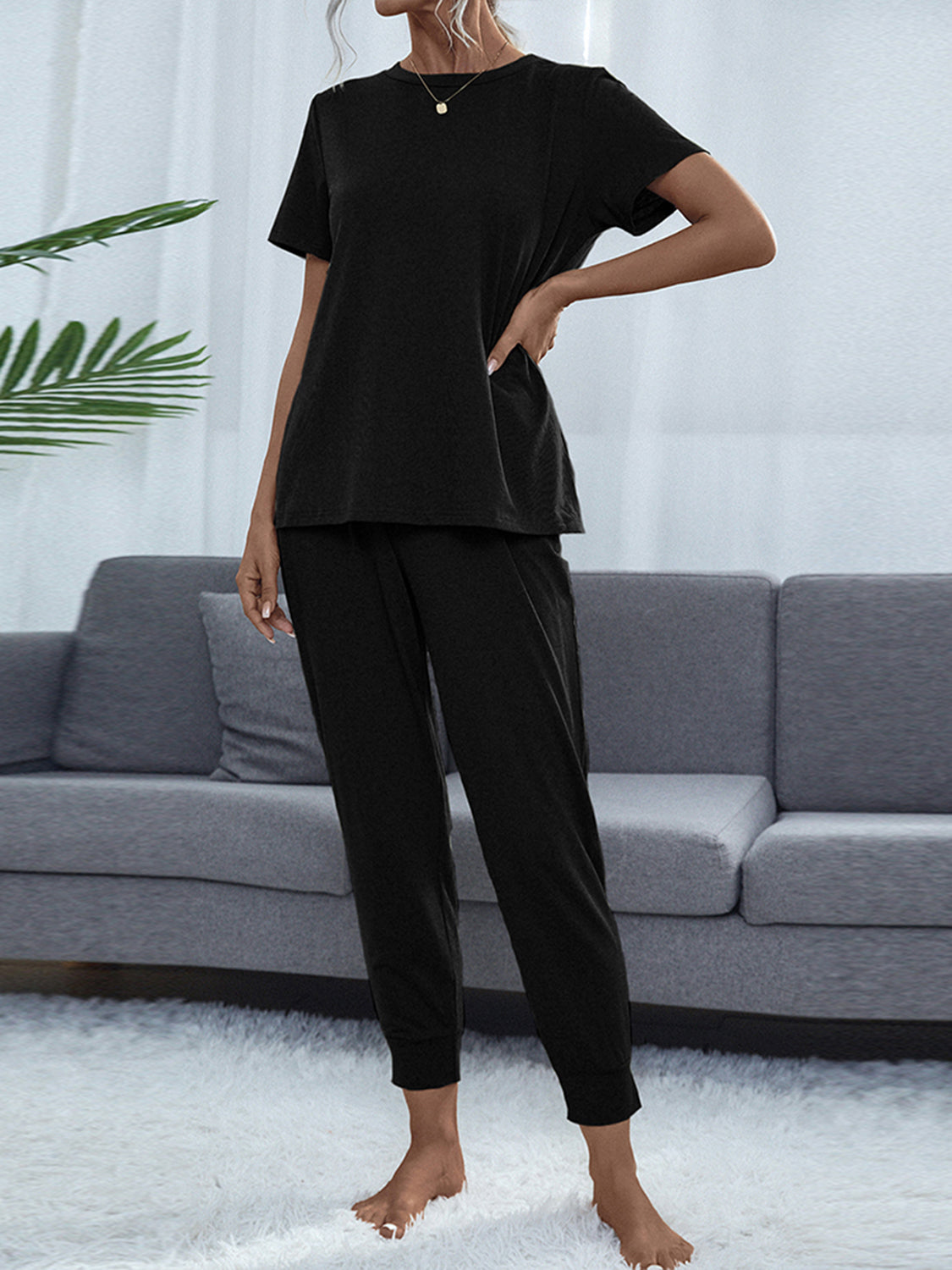 Shiny Round Neck Short Sleeve Top and Pants Set