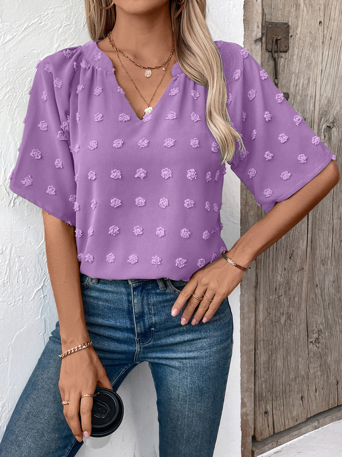 Ivy Lane Swiss Dot Notched Half Sleeve Blouse