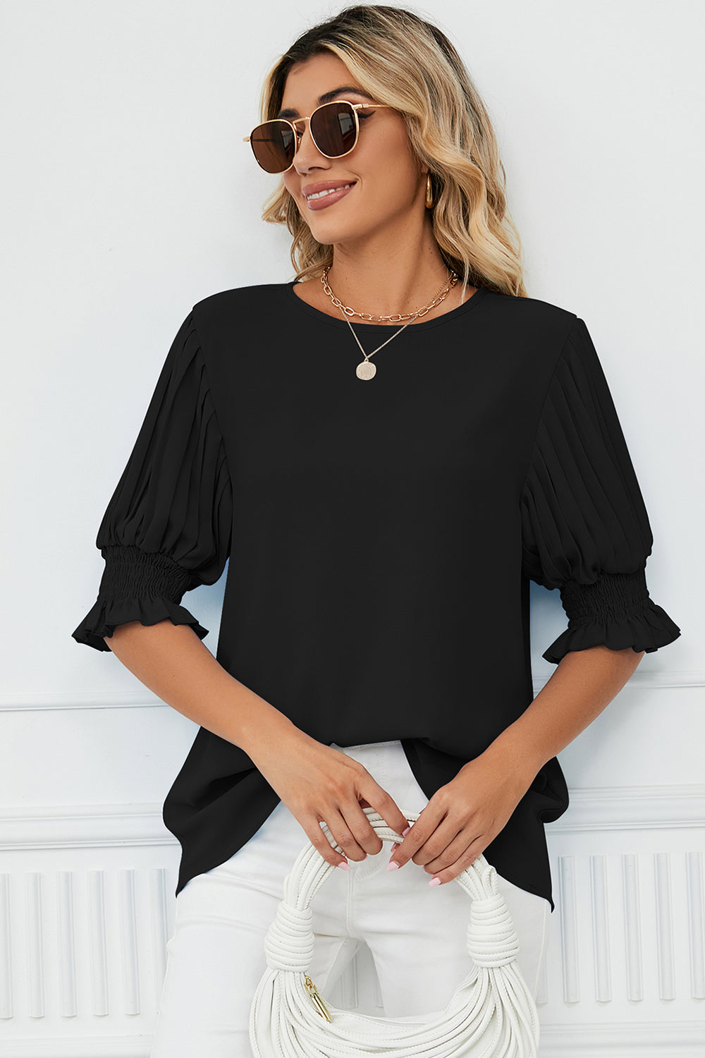 Frill Round Neck Lantern Sleeve T-Shirt