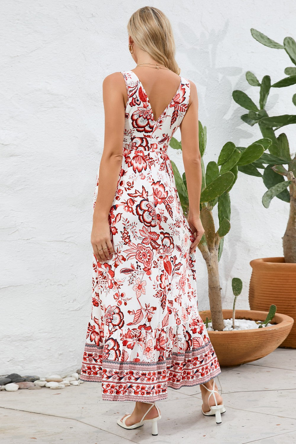 Printed V-Neck Wide Strap Dress - ClozArt