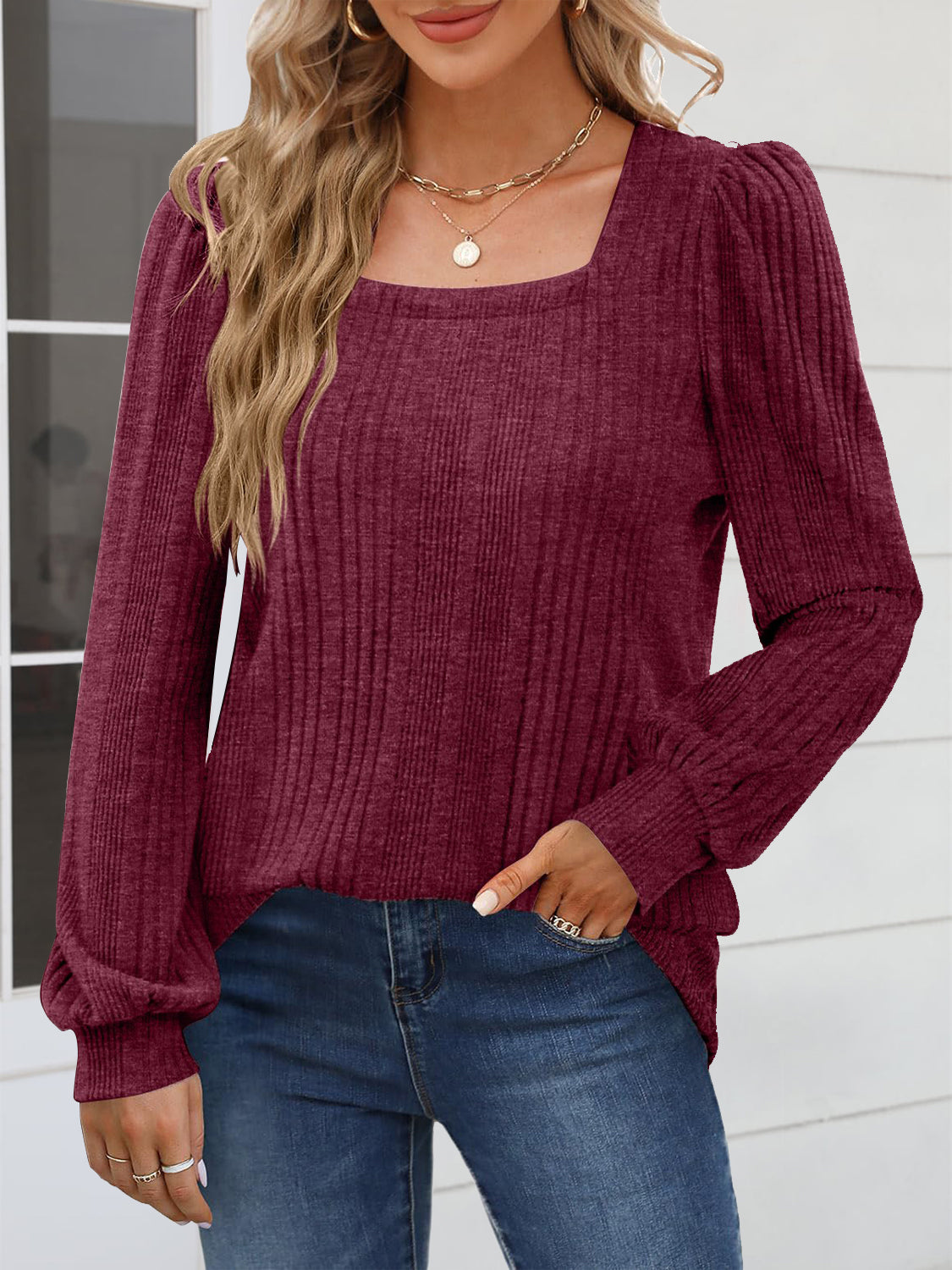 Square Neck Long Sleeve Blouse