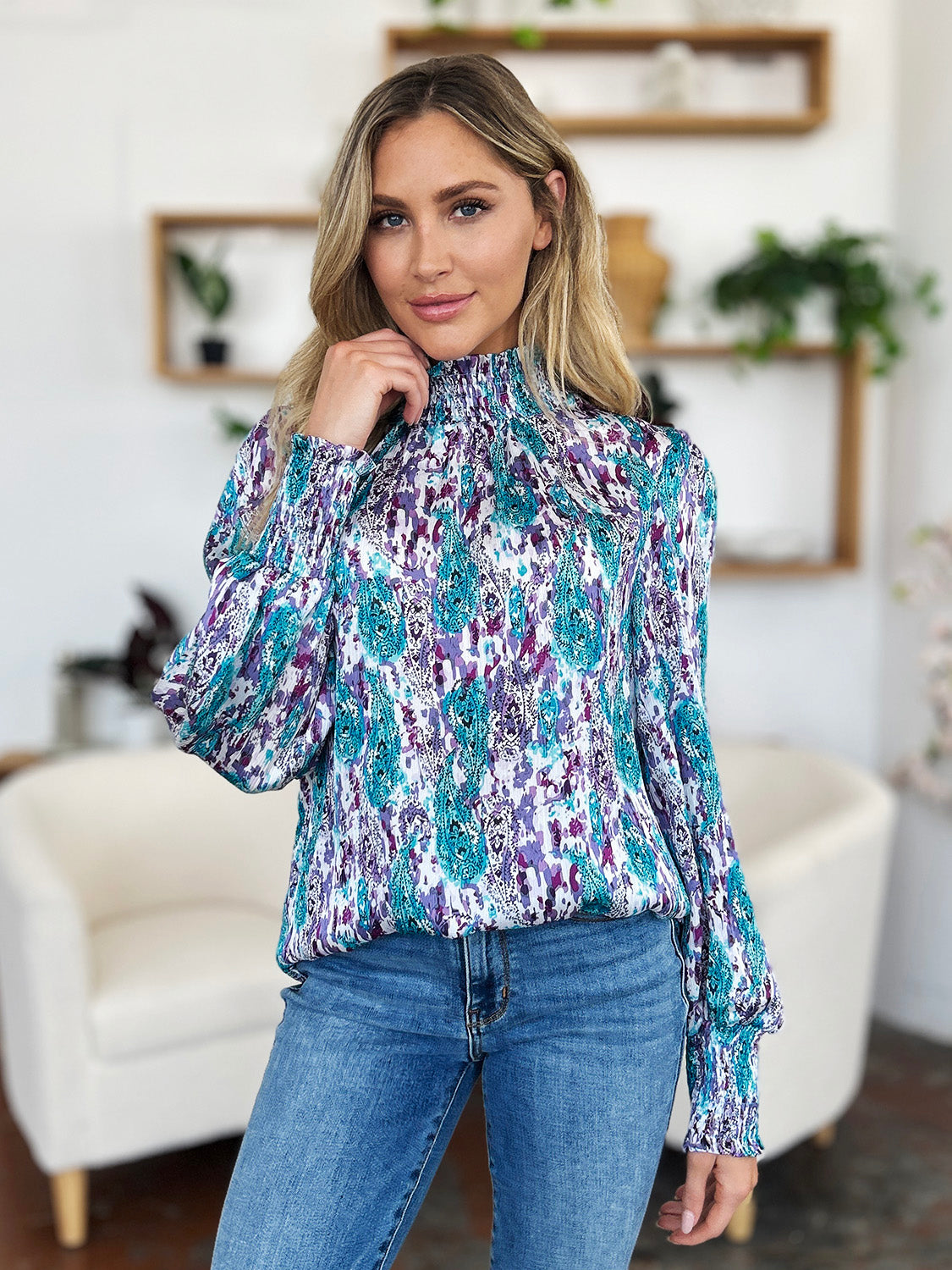 Double Take Full Size Printed Smocked Long Sleeve Blouse