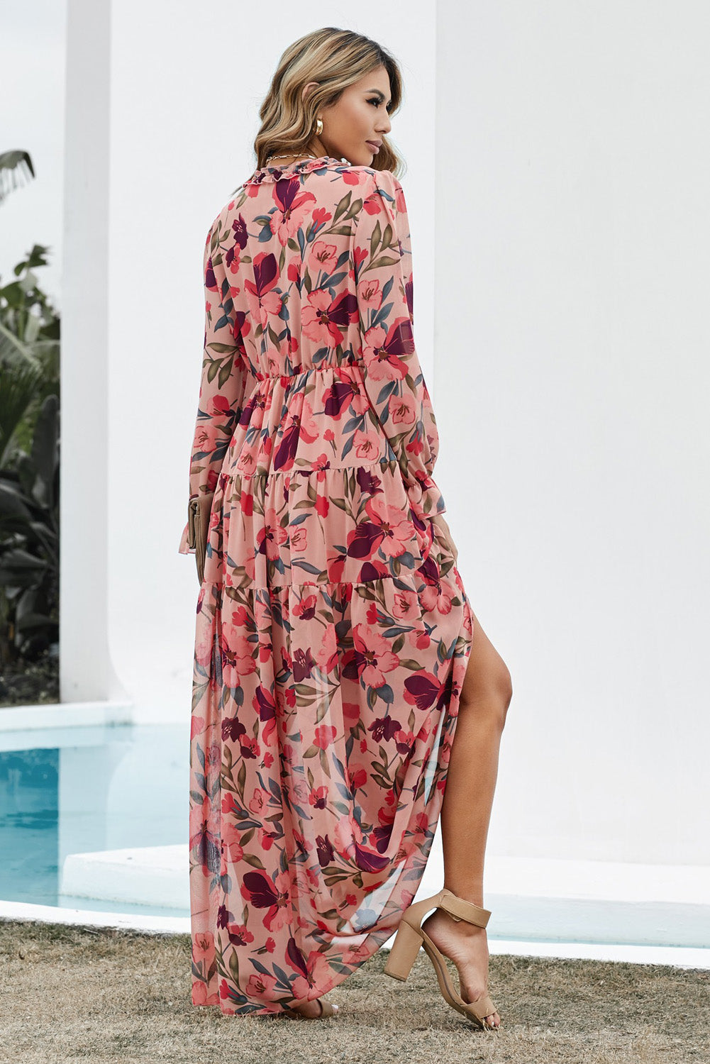 Floral Frill Trim Flounce Sleeve Plunge Maxi Dress - ClozArt