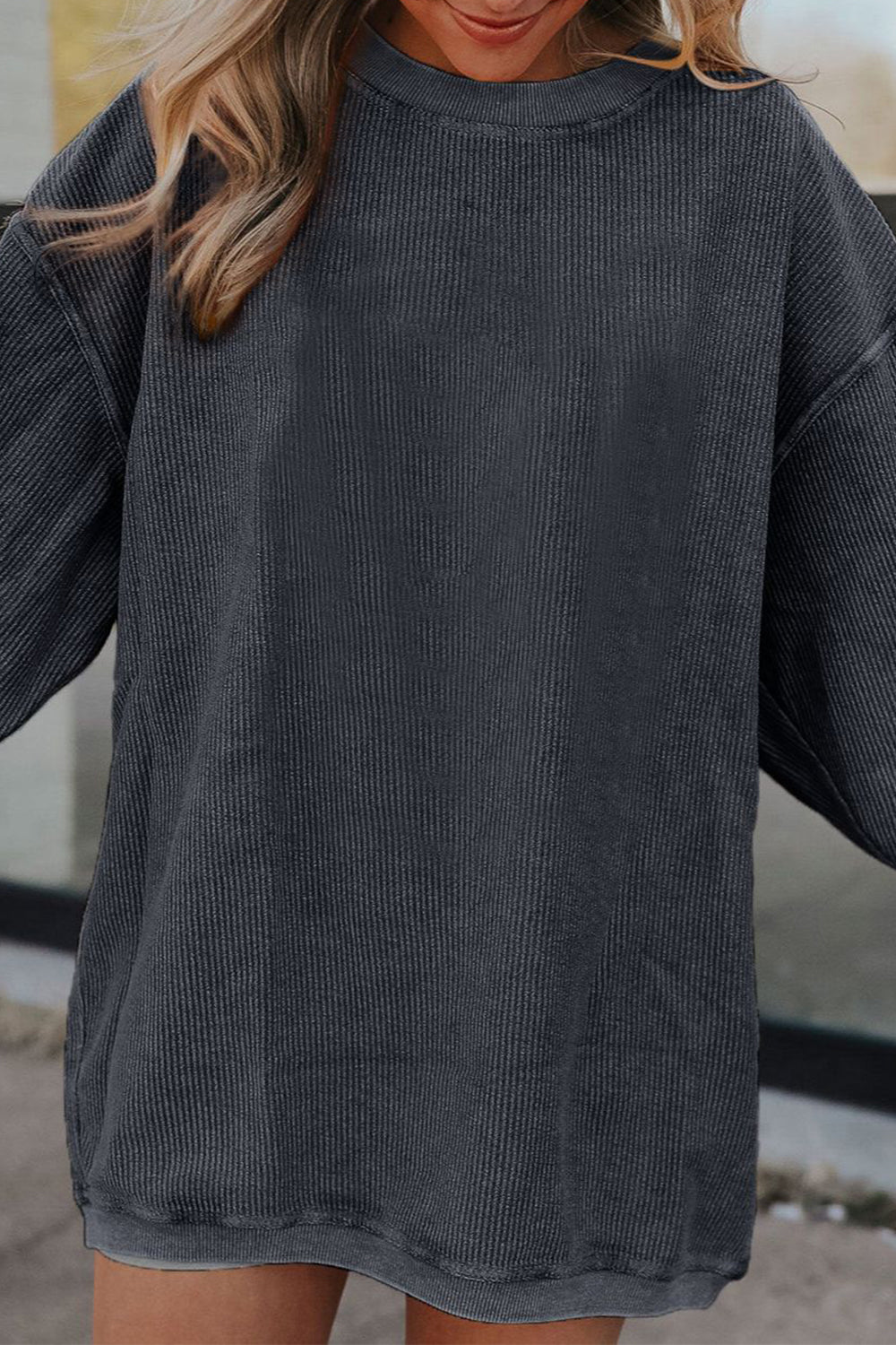 Ribbed Round Neck Drop Shoulder Sweatshirt